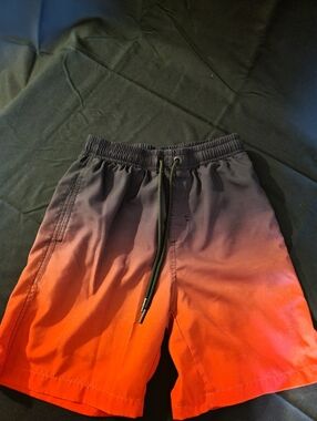 Ombre Drawstring Swim Shorts in Black to Orange-Red